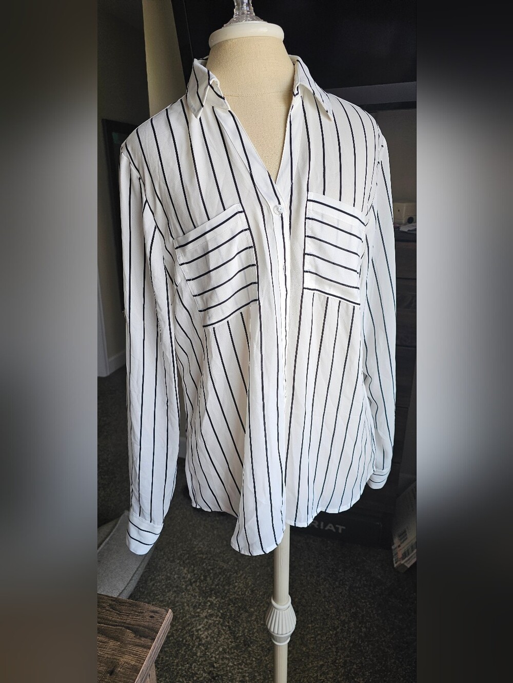 NWT MAURICES Oversized Sheer Button Down Pocket Shirt large White black stripes